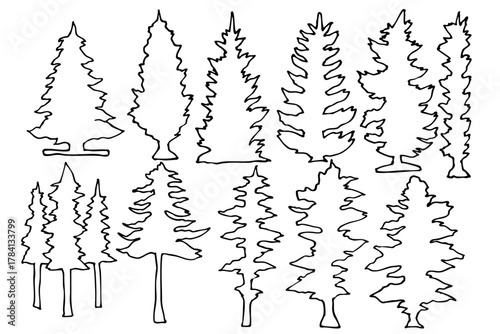 針葉樹の線画とシルエットセット ステンドグラス風クリスマスデコレーション ベクターイラスト