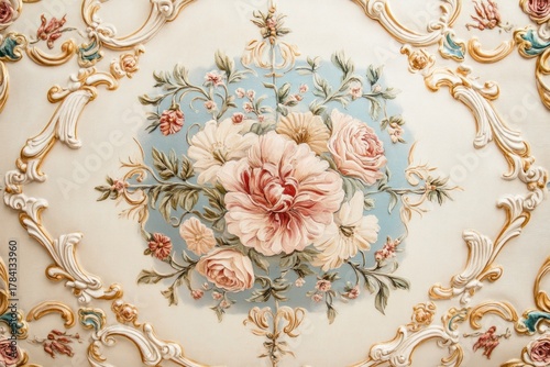 Close-up of vintage opera house ceiling with intricate fresco and chandelier, artistic detail and elegance, clean and professional composition, copy space, natural color, minimalism, stock photography