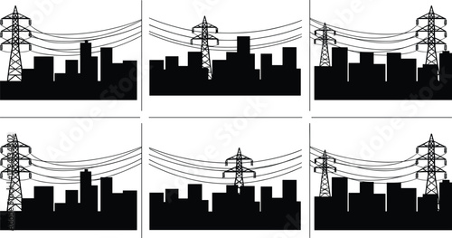 City skyline with transmission towers and power lines, electricity pylons vector illustration, urban