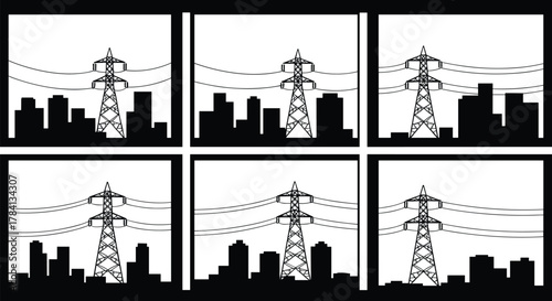 City skyline with transmission towers and power lines, electricity pylons vector illustration, urban