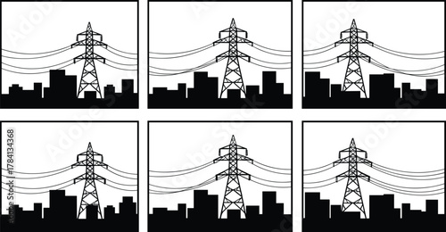 City skyline with transmission towers, electricity pylons vector illustration, urban infrastructure artwork, 