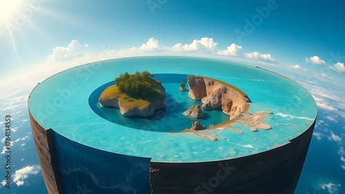 A cutaway Earth core reveals an azure ocean with floating islands, defying natural laws.