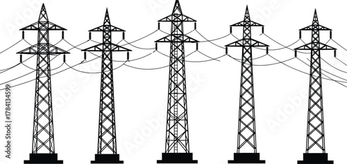 High-voltage transmission towers with multiple power lines, electricity pylons vector illustration, 