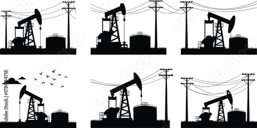 Oil pump jacks with storage tanks and utility poles, petroleum extraction vector illustration, i