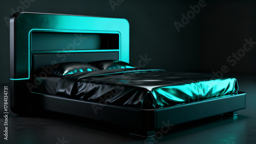 Futuristic bed with glowing cyan neon accents, sleek black satin sheets, and a modern metallic headboard in a dark, minimalist room