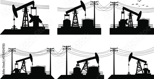 Oil pump jacks with utility poles and power lines, energy extraction vector illustration, industrial