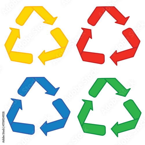 recycle symbol vector, Different colored signs for separate recycling. Selective waste collection vector icon set. Recyclable materials for waste management labels.