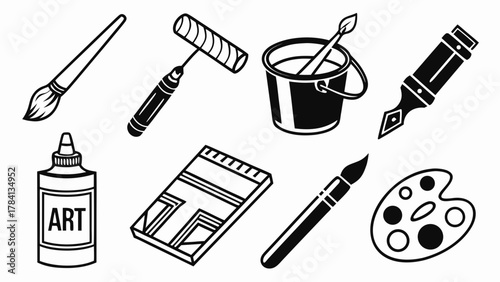 Illustration of art supplies including paint brushes, paint roller, palette, and art glue bottle vector vreated with genrated ai