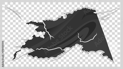 Black tattered fabric piece with jagged edges torn and floating on a transparent checkered background vreated with genrated ai