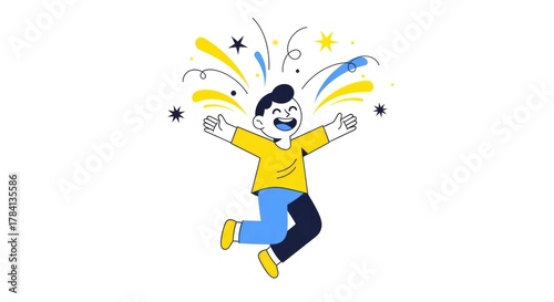 A joyful cartoon illustration of a happy boy jumping with arms raised, celebrating with colorful stars.