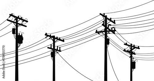 Utility poles with electrical transformers and insulators, power line vector illustration, electricity
