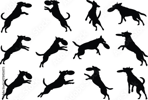 Flat vector silhouettes of dogs catching frisbees in motion, playful pet activity, dynamic canine sport design for outdoor action illustration