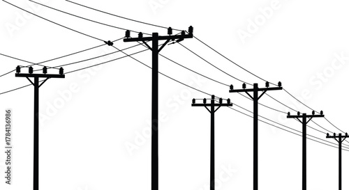 Utility poles with multiple power lines perspective, electricity distribution vector illustration, 