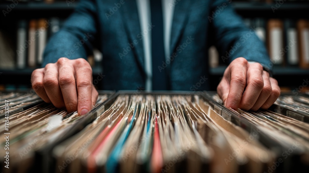 Obraz premium Person searching through files in archive library with organized records