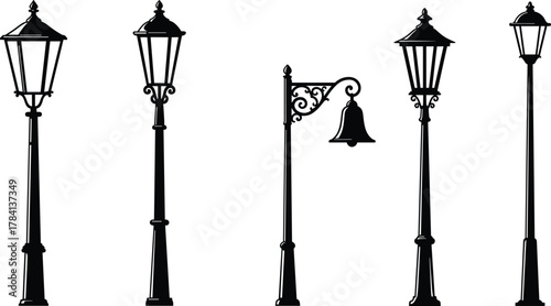 Vintage street lamps and decorative bell post silhouettes, historical lighting vector illustration, urban design