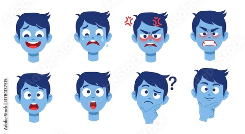 A collection of eight blue cartoon faces expressing various human emotions and feelings on a white background.