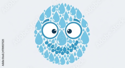 A cheerful illustration of a water droplet character, composed of many smaller droplets, with a smiling face.