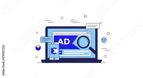Illustration of a laptop with an advertisement on the screen being viewed with a magnifying glass.