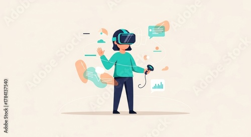 A person wearing a VR headset and holding controllers, surrounded by abstract shapes and data visualizations, representing virtual reality technology.