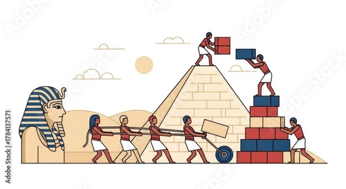 Illustration depicting ancient Egyptians constructing a pyramid with various tools and workers.