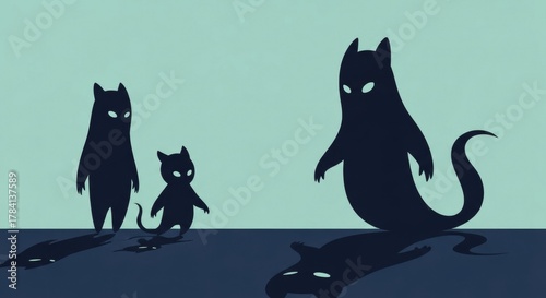 Illustration of three dark cat-like figures with glowing eyes and long tails.