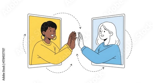 Two women high-fiving through screens, symbolizing virtual connection and communication in the digital age.