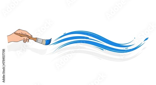 Illustration of a hand painting a blue wave with a paintbrush on a white background.