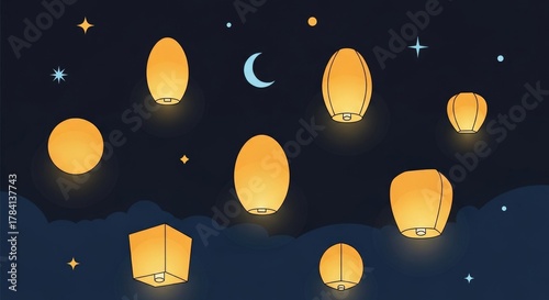 Glowing sky lanterns float peacefully in the dark night sky with a crescent moon and stars.