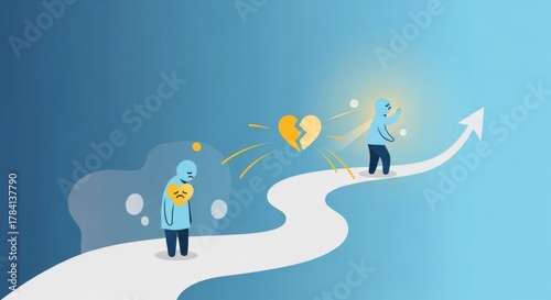 A person's journey from sadness and a broken heart to happiness and healing, symbolizing emotional recovery and progress.