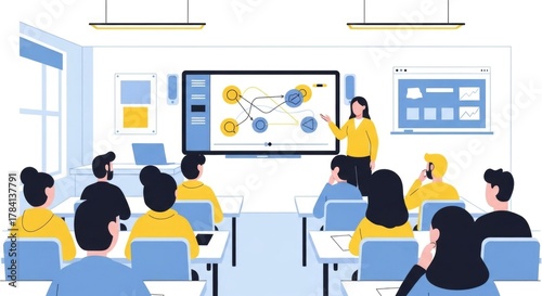 A classroom scene with a teacher presenting a diagram on a large interactive screen to a group of students.