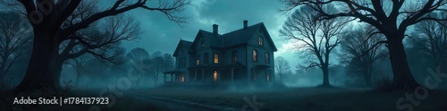 A dimly lit, abandoned mansion shrouded in mist, with gnarled trees silhouetted against a stormy sky; perfect for horror, mystery, or suspense projects ,  abandoned,  mysterious background,  trees