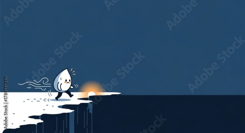 A small, animated water droplet character walking towards the edge of a cliff at night.