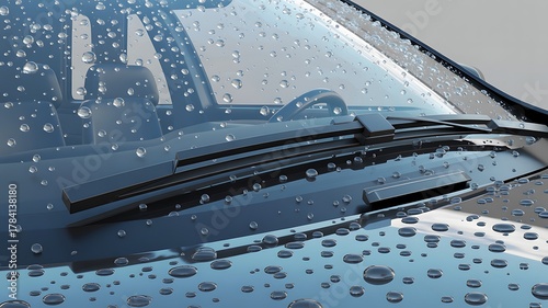 Raindrops on car windshield with wiper blades on a rainy day for transportation safety and weather elements