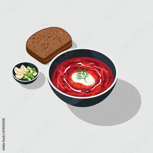 Bowl of Borscht with Bread and Garlic a Traditional Eastern European Soup.