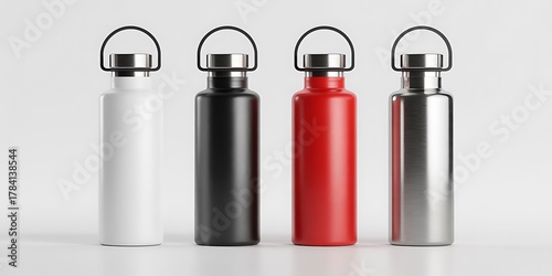 Set of four reusable water bottles in white black red and silver on a plain background