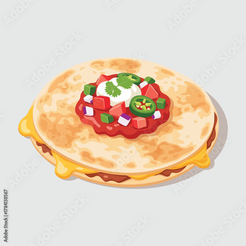 Cheesy Mexican quesadilla with salsa and sour cream topping.
