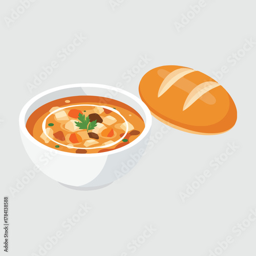 Bowl of hearty soup with bread a comforting and warm meal.