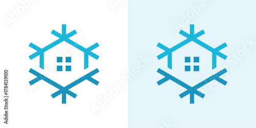 Snow Home Logo .  A dual-meaning design combining a snowflake and house, symbolizing winter comfort, warmth, and cozy living.