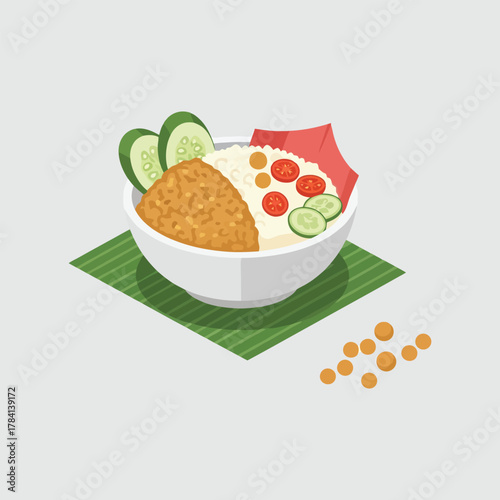 Delicious Bowl of Rice with Fried Food and Fresh Vegetables.