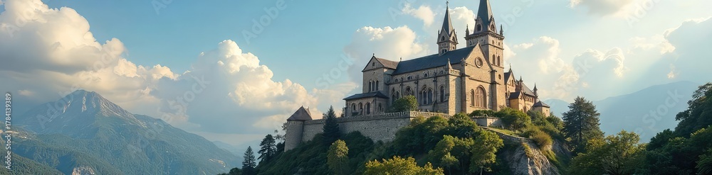 Fototapeta premium A majestic church stands tall, resembling a formidable citadel, its stone walls and towers reaching towards the heavens The image evokes strength, history, and spiritual refuge , religious, steeple