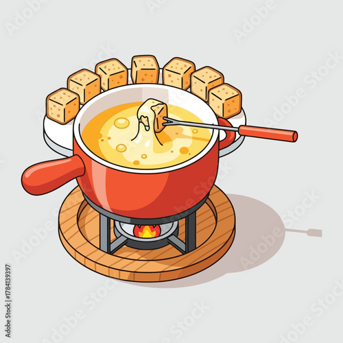Delicious Cheese Fondue Pot with Bread Cubes.