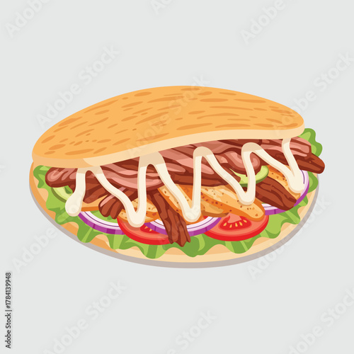 Delicious Doner Kebab Illustration with Meat Vegetables and Creamy Sauce.