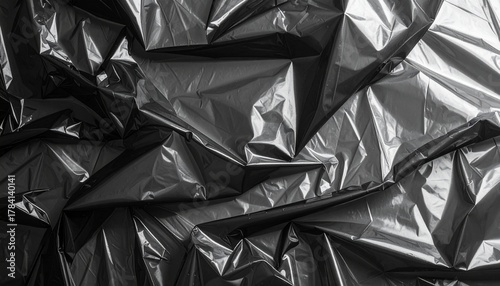 Wrinkled Black Plastic Bag Texture Background - Abstract Dark Shiny Surface with Folds and Creases, Ideal for Packaging, Recycling, or Industrial Concepts