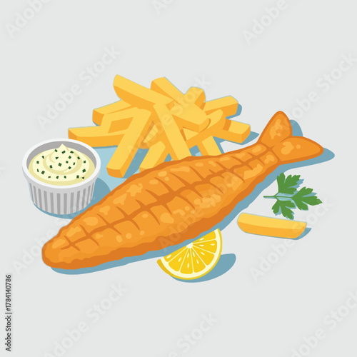 Delicious Grilled Fish and Chips Meal with Lemon Slice and Tartar Sauce.