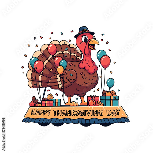 Festive Thanksgiving Day parade turkey float, a cheerful vector illustration with bold colors, balloons, and confetti. Perfect for holiday marketing, invitations, social media,