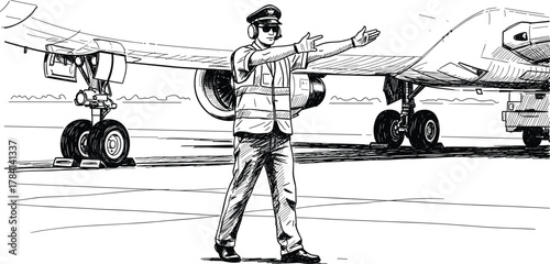 Aircraft marshaller, ground crew, jet guidance, runway safety, aviation worker, tarmac operations, airfield control, flight direction, airport coordination