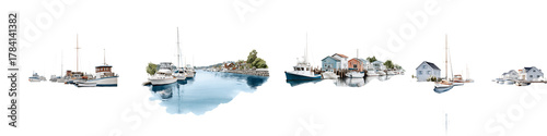 Watercolor Fishing Village and Sailboats Collection on White