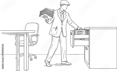 Businessman, office, contract, filing, paperwork, cabinet, document, archive, professional, suit, desk, drawer, organized, workplace, corporate, management, storage, administration