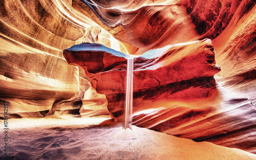 Beautiful wide-angle view of incredible sandstone formations in famous Antelope Canyon on a sunny day, American Southwest, Arizona, USA