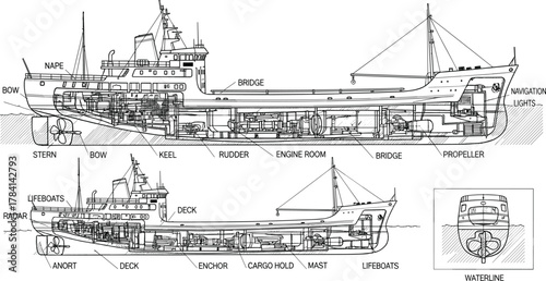Cargo ship blueprint, maritime engineering, vessel anatomy, technical drawing, ship structure, ocean transport, nautical design, cross-section, labeled parts